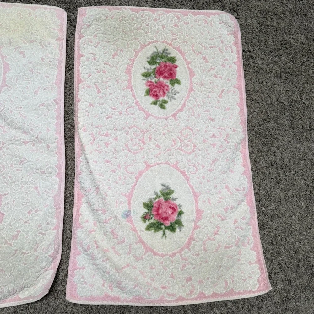 70s Vintage Cannon Royal Family 6pc Towel Set Pink Rose Floral Cotton White‎